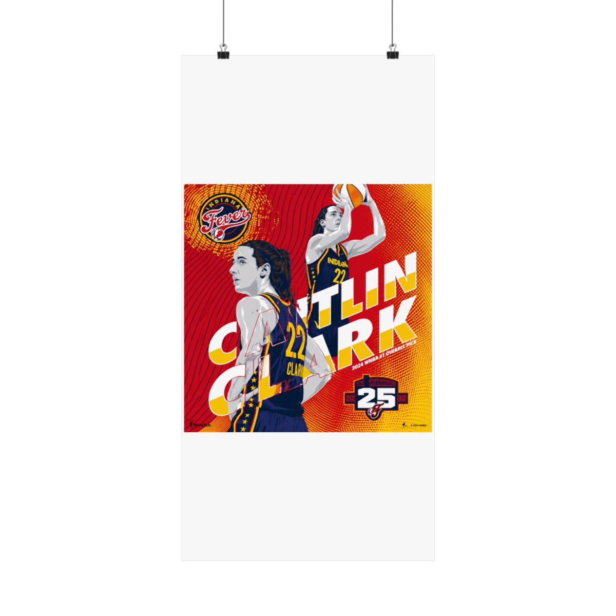 A basketball poster featuring a female basketball player wearing a blue and yellow jersey with the number 22 and the text "Caitlin Clark" and "Indiana Fever" in a red, yellow, and white colour scheme...