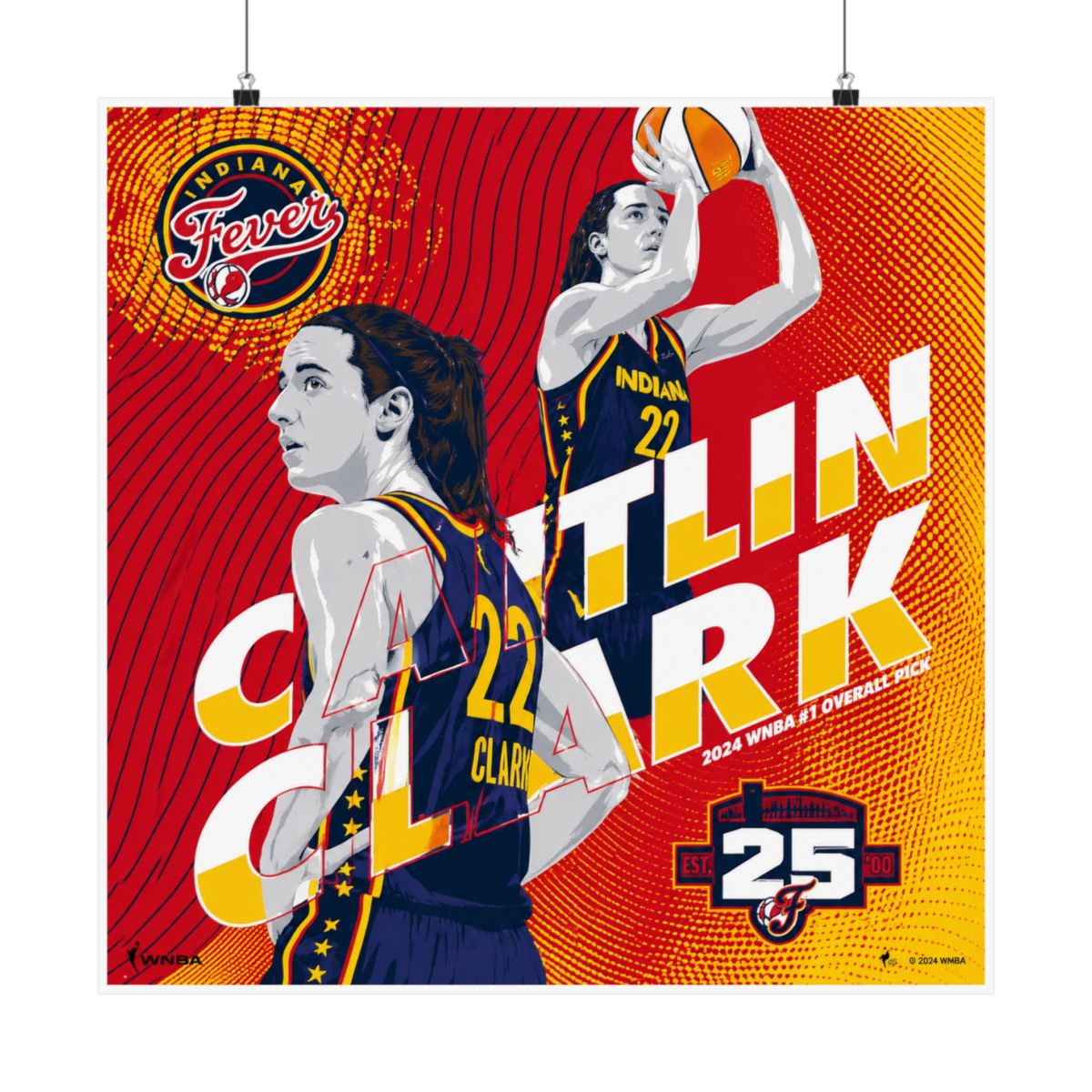 A basketball poster featuring a female basketball player wearing a blue and yellow jersey with the number 22 and the text "Caitlin Clark" and "Indiana Fever" in a red, yellow, and white colour scheme... - alternate angle 4, merchandise