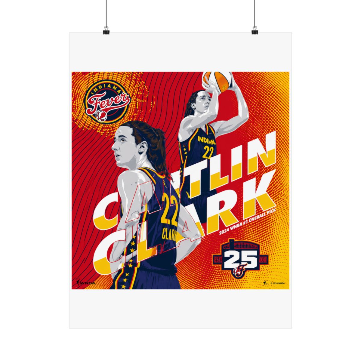 A basketball poster featuring a female basketball player wearing a blue and yellow jersey with the number 22 and the text "Caitlin Clark" and "Indiana Fever" in a red, yellow, and white colour scheme... - alternate angle 1, merchandise