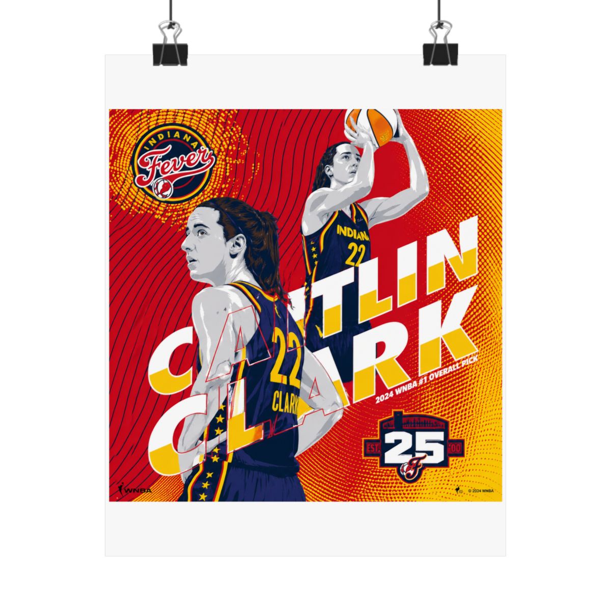 A basketball poster featuring a female basketball player wearing a blue and yellow jersey with the number 22 and the text "Caitlin Clark" and "Indiana Fever" in a red, yellow, and white colour scheme...