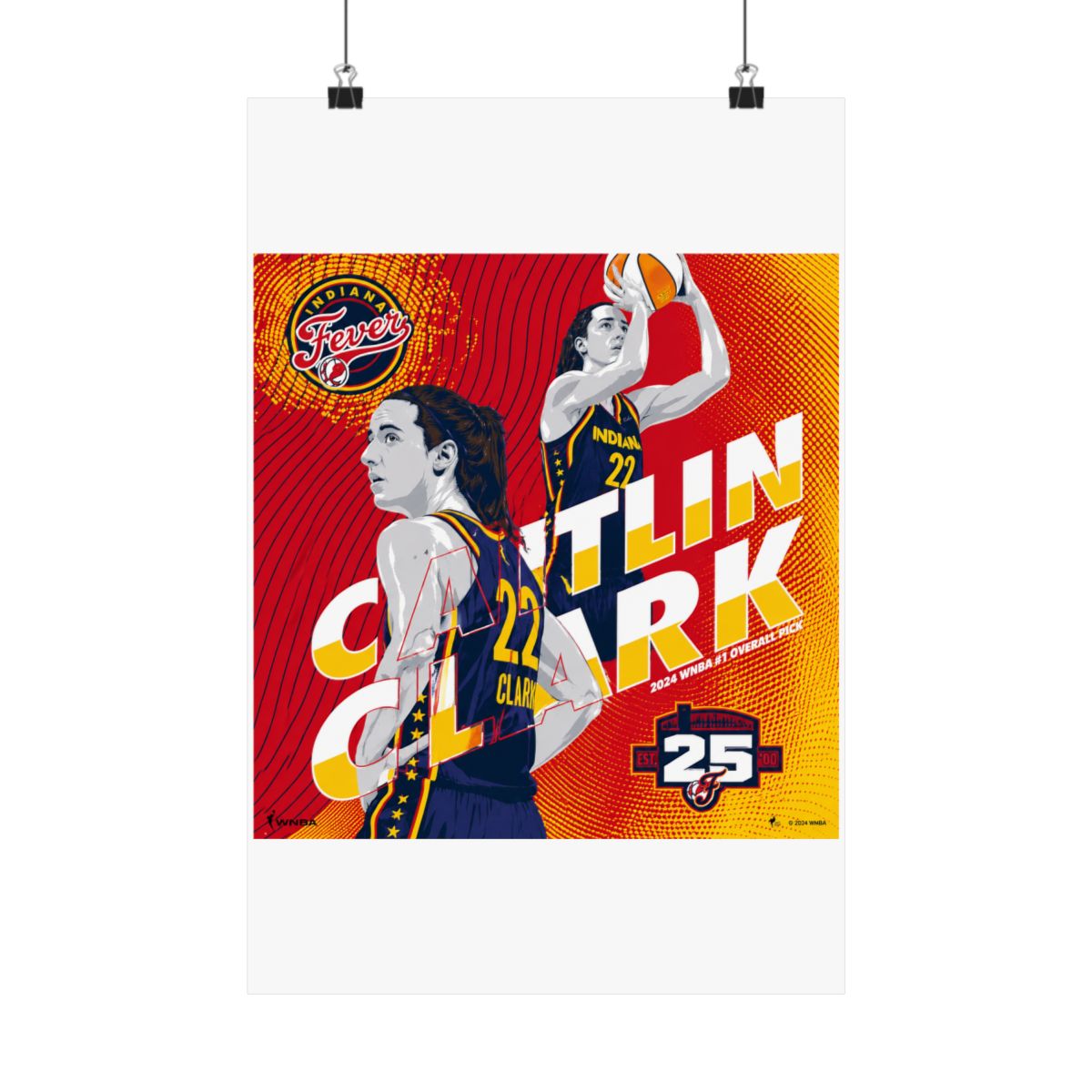 A basketball poster featuring a female basketball player wearing a blue and yellow jersey with the number 22 and the text "Caitlin Clark" and "Indiana Fever" in a red, yellow, and white colour scheme... - alternate angle 5, merchandise